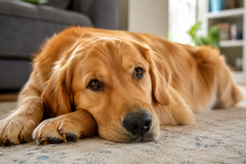 Dog resting its chin on paws displaying healthy smooth skin and shiny coat