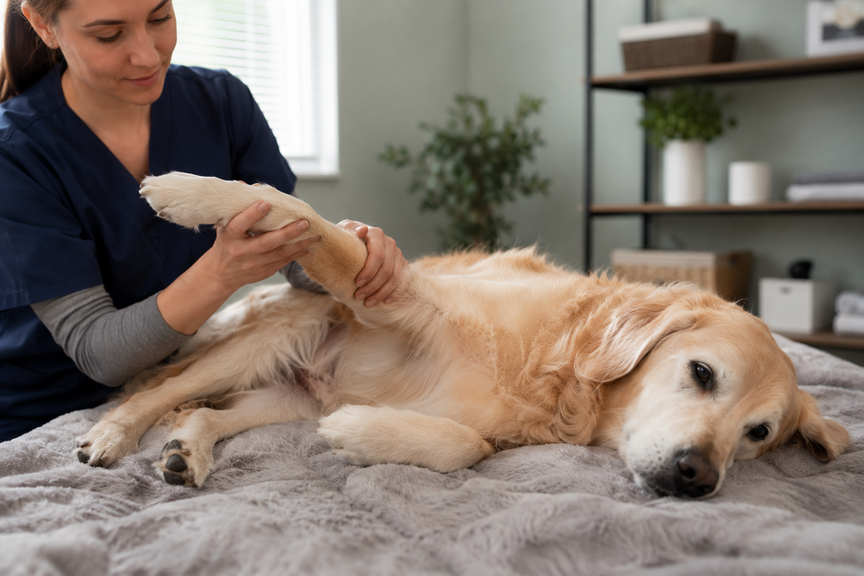 Vet performing gentle passive range-of-motion stretches on an older dog's leg