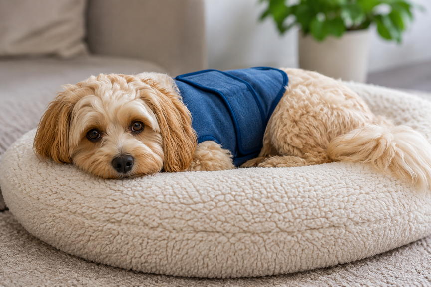 Small dog wearing a blue calming vest resting comfortably on a soft cushion