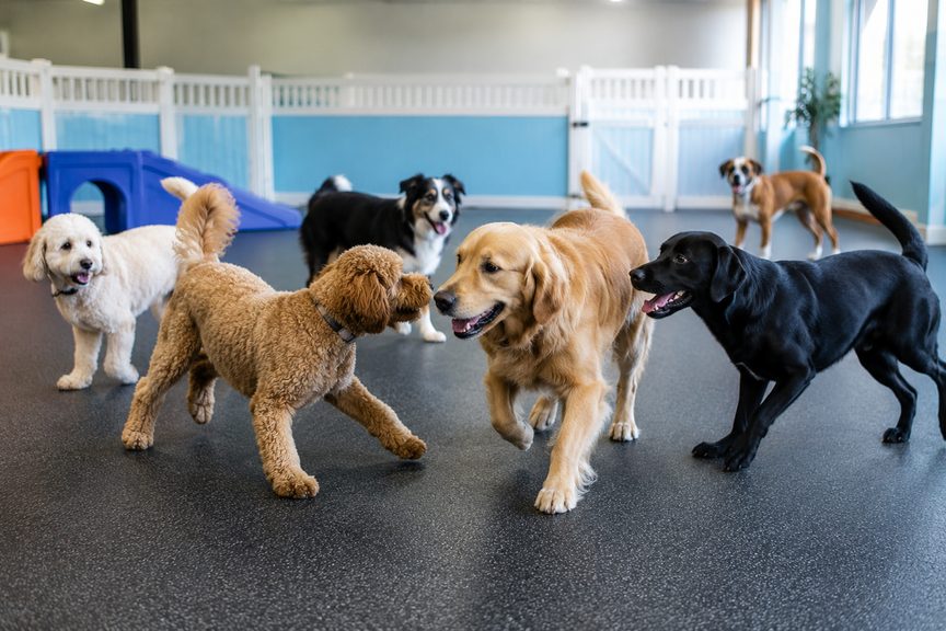 Group of social dogs playing together safely in a clean indoor doggy daycare facility