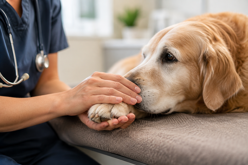 Vet holding a dog's paw softly with hands over it conveying comfort