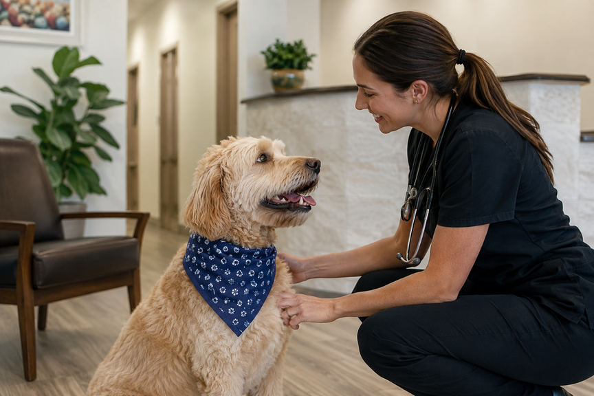 Social dog wearing a bandanna interacting with a vet in a reception room