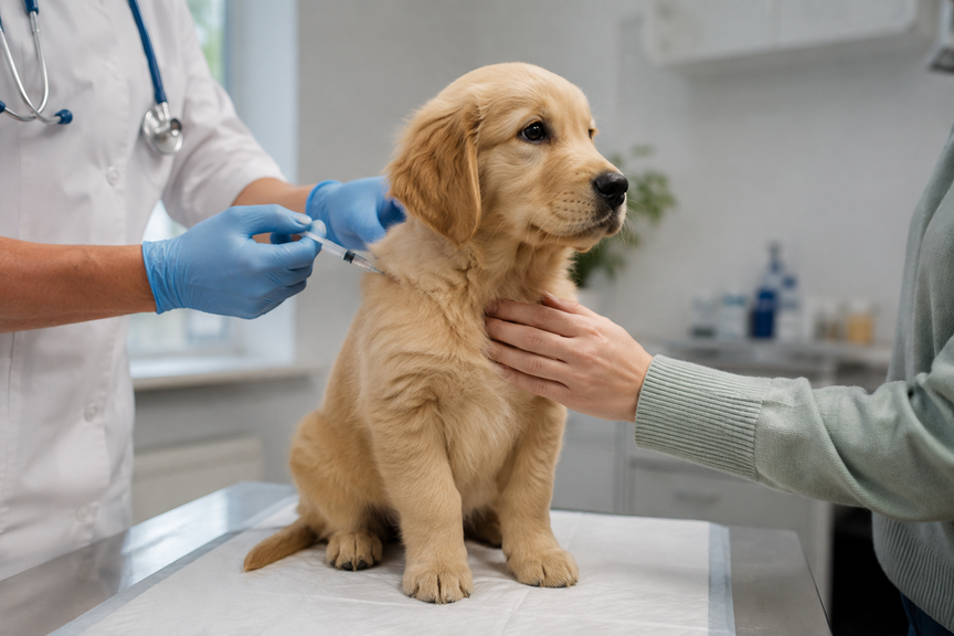 Puppy sitting bravely on an exam table receiving a comforting touch