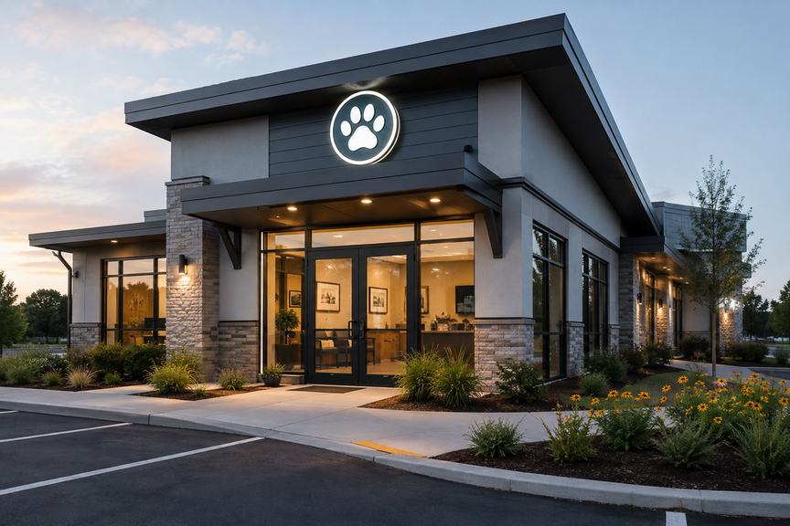 Exterior architecture of a modern veterinary medical clinic with clear entrance signage