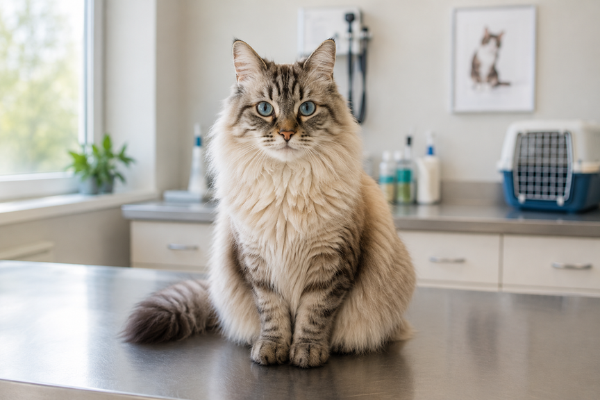 Fluffy cat sitting calmly inside a bright, clean pet clinic room
