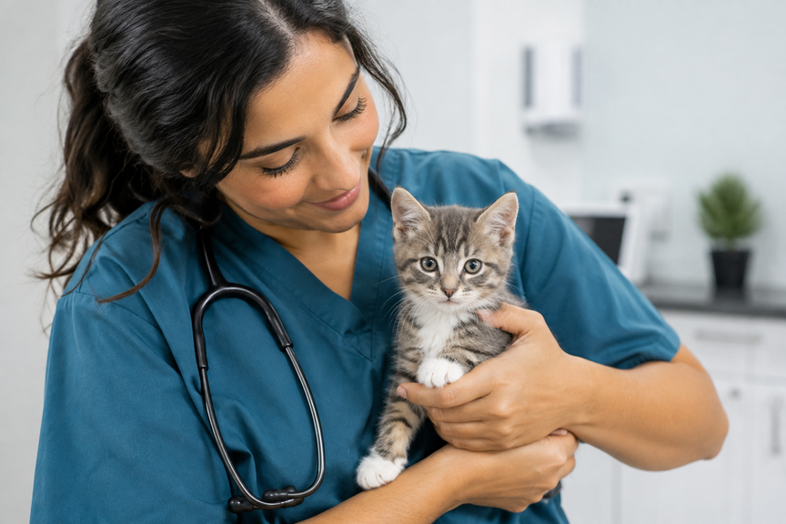 Kitten being gently held by a vet in scrubs with a compassionate expression