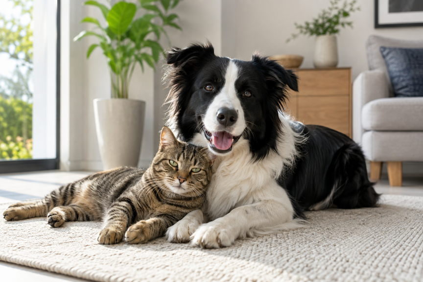 Happy Border Collie and Tabby cat resting peacefully together