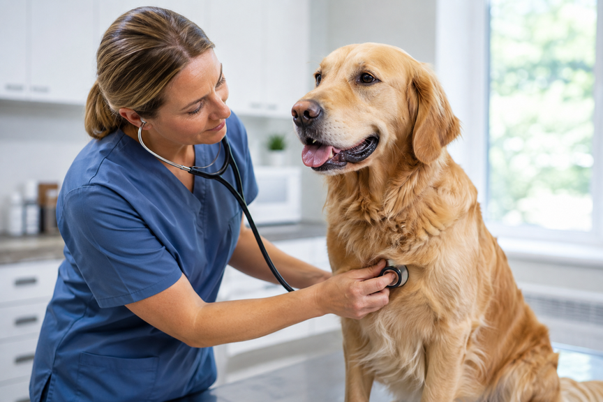 Vet using a stethoscope to listen to a dog's chest in a bright exam room