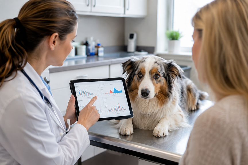 Vet pointing to a tablet screen displaying digital bloodwork charts to an owner