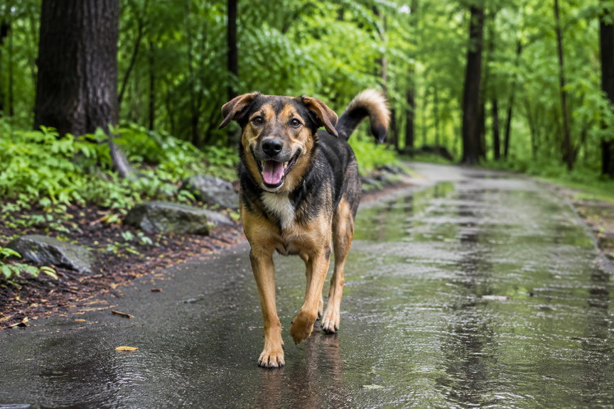 Dog happily walking on a wet park trail surrounded by green trees after rain