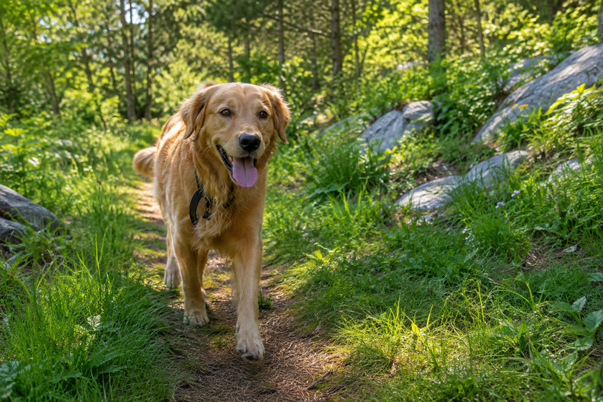 Dog hiking outdoors on a grassy woodland trail in summer daylight