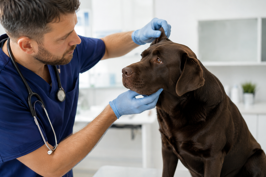 Male vet gently examining a Chocolate Labrador's eyes and ears during a checkup