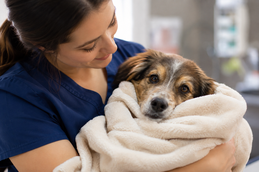 Vet technician supporting a dog wrapped comfortably in a warm blanket