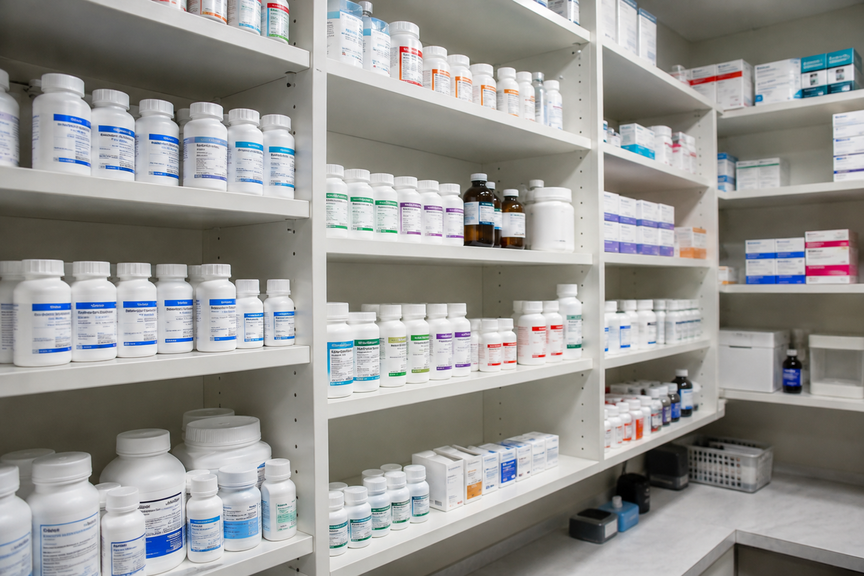 Organized veterinary pharmacy shelves with neatly stacked prescription bottles