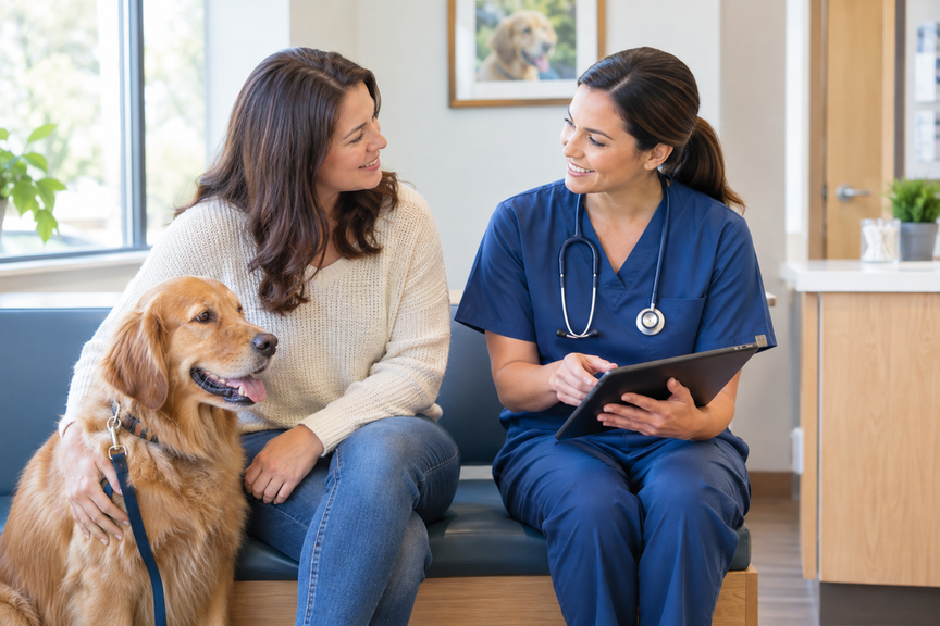 Pet owner sitting on a bench chatting with a smiling vet holding a tablet