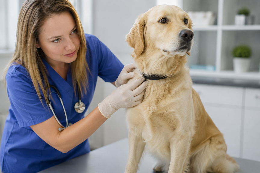 Vet gently inspecting a healthy dog's neck and collar area