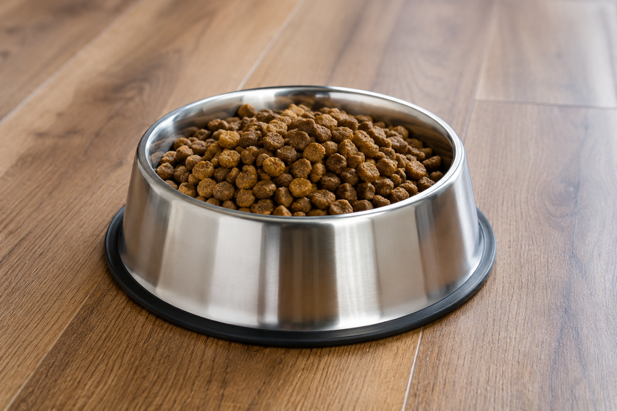 Stainless steel dog bowl filled with premium kibble on a wooden floor