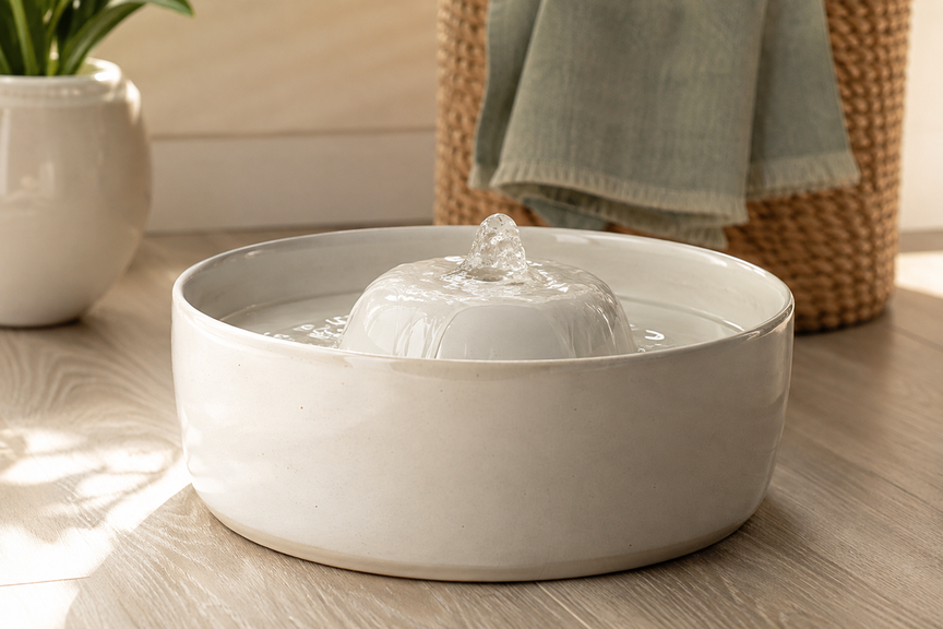 Clean ceramic water fountain with fresh flowing water in a quiet setting