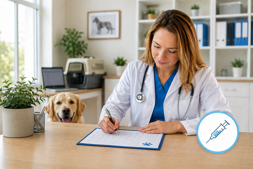 A vet preparing a clean health chart with a syringe icon badge in a bright office