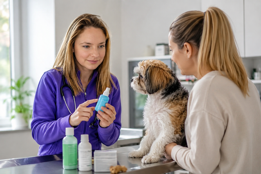 Vet demonstrating preventive care products to a pet owner in a bright exam room