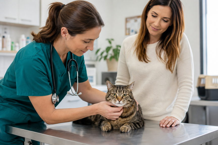Vet examining a calm cat on an inspection table with owner standing nearby