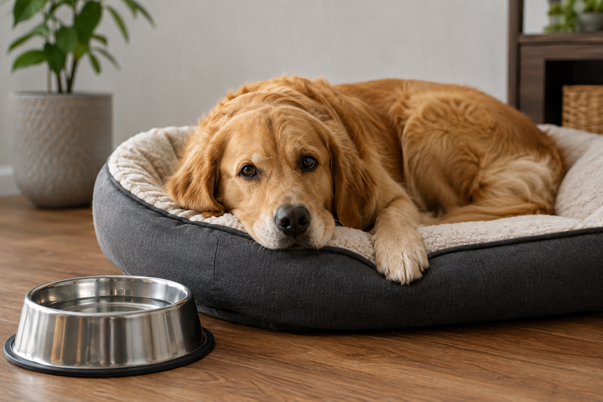 Dog resting comfortably on a clean dog bed next to a fresh water bowl