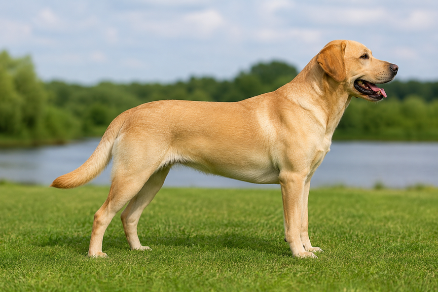 Side profile photo of an athletic dog displaying a healthy visible waistline
